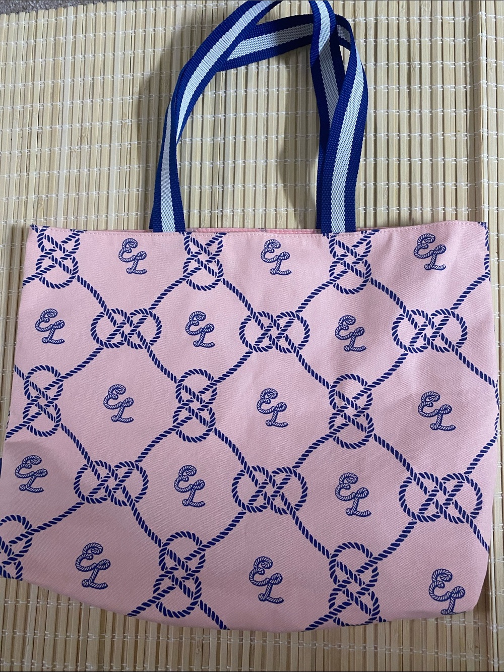 Estee Lauder Pink Tote with Navy Rope Print and Striped Handles